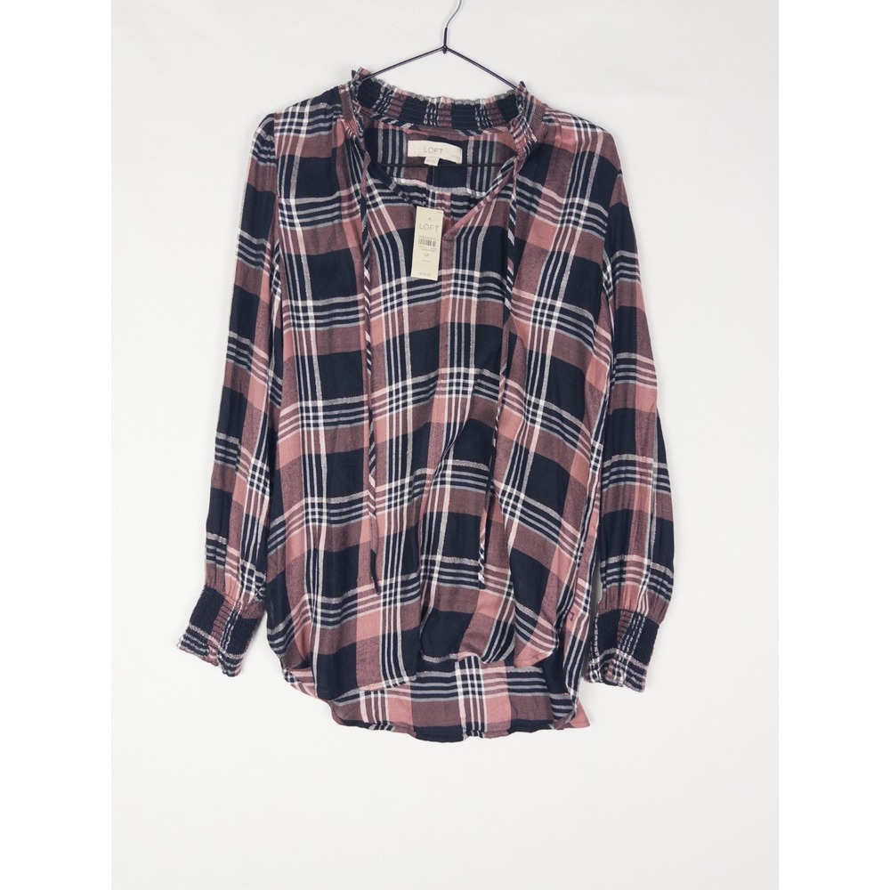 NWT Loft Plaid Blouse Womens SP Colorful Drawstring Pullover Rayon Blend